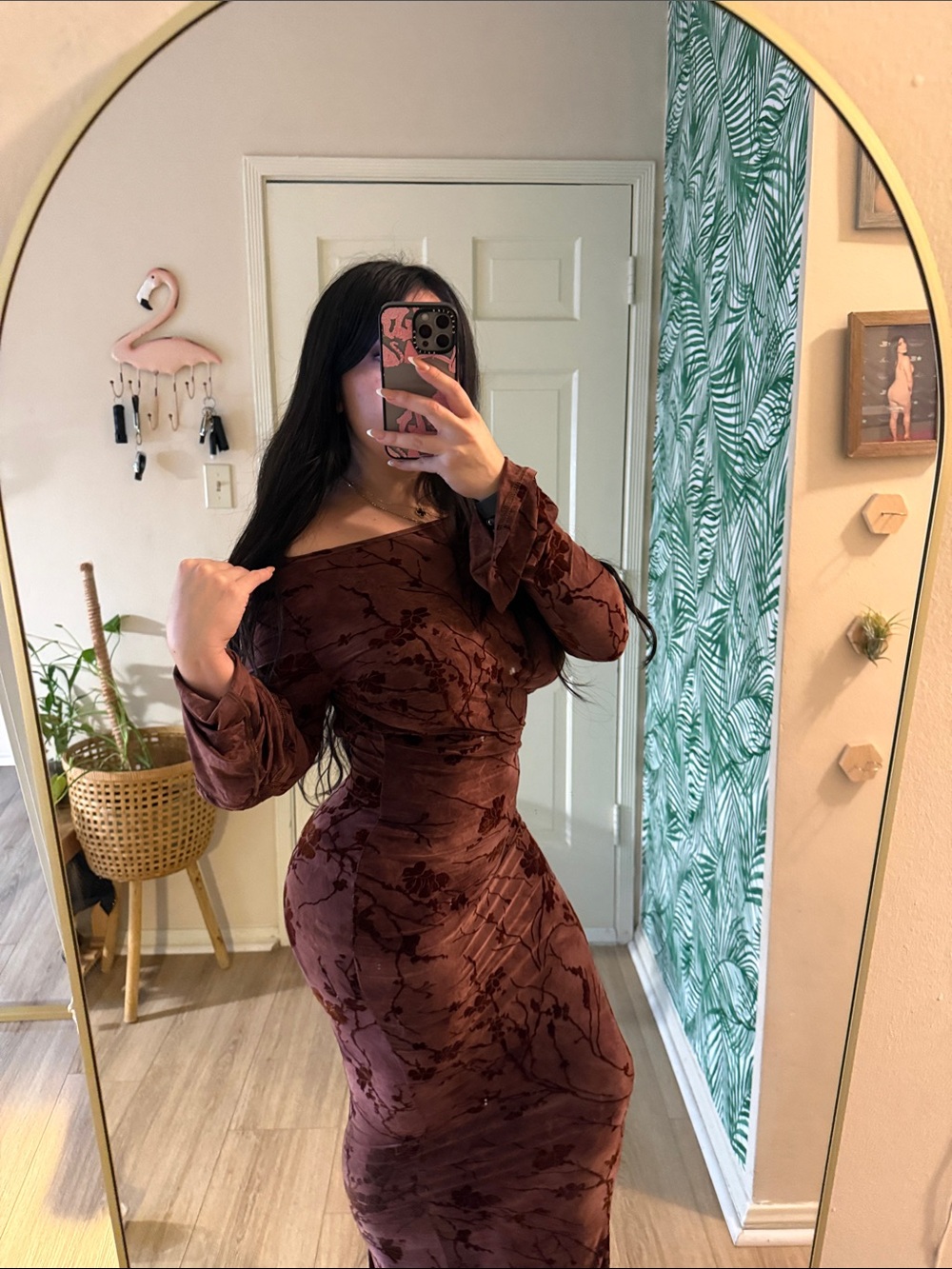 PrettyLittleThing Burgundy Floral Long Sleeve Velvet Bodycon Dress